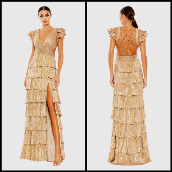 NWT IEENA Mac Duggal Gold Ruffle Tiered Criss Cross Lace Up Gown 26740 - Picture 1 of 13